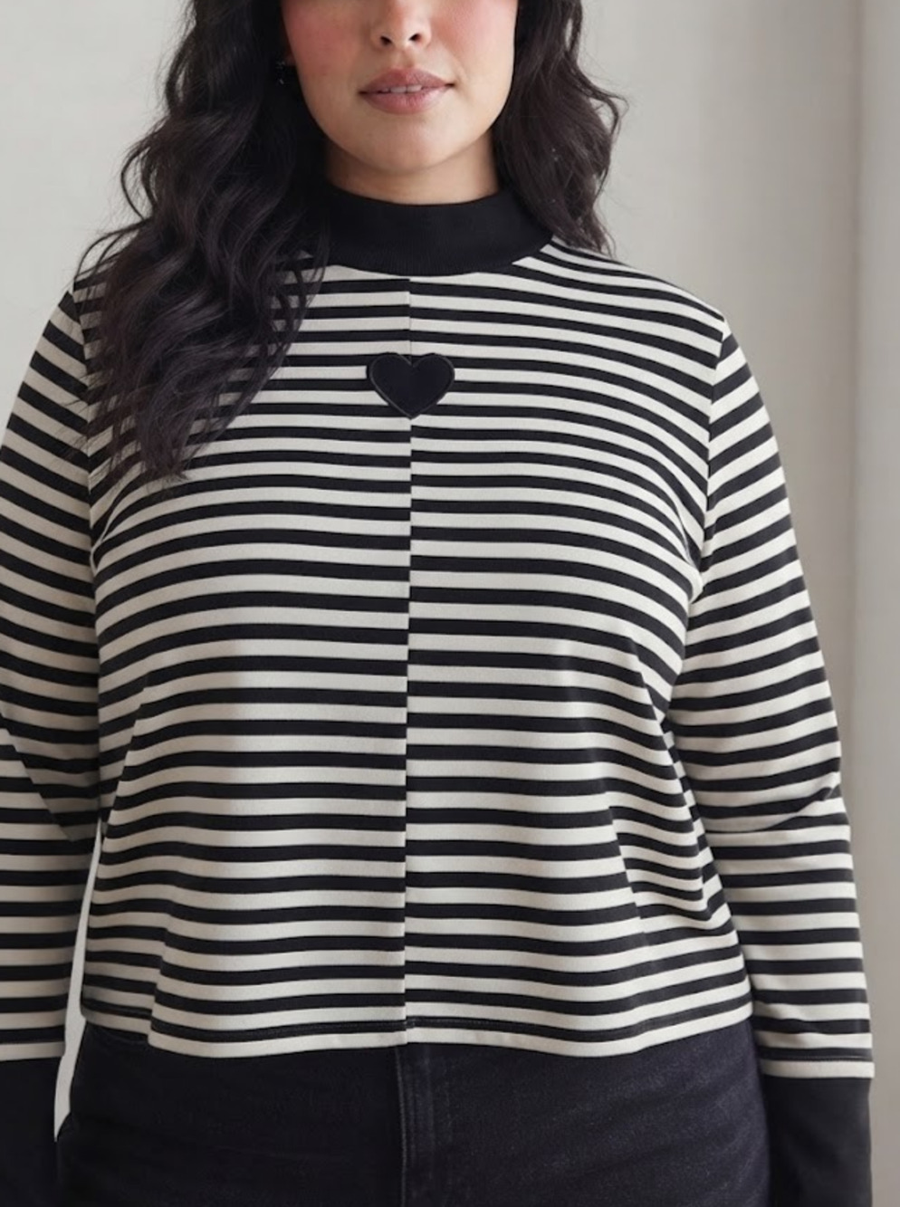 Hot Topic Black White Striped Shirt Long Sleeve Mock Neck Heart Patch Plus 3X